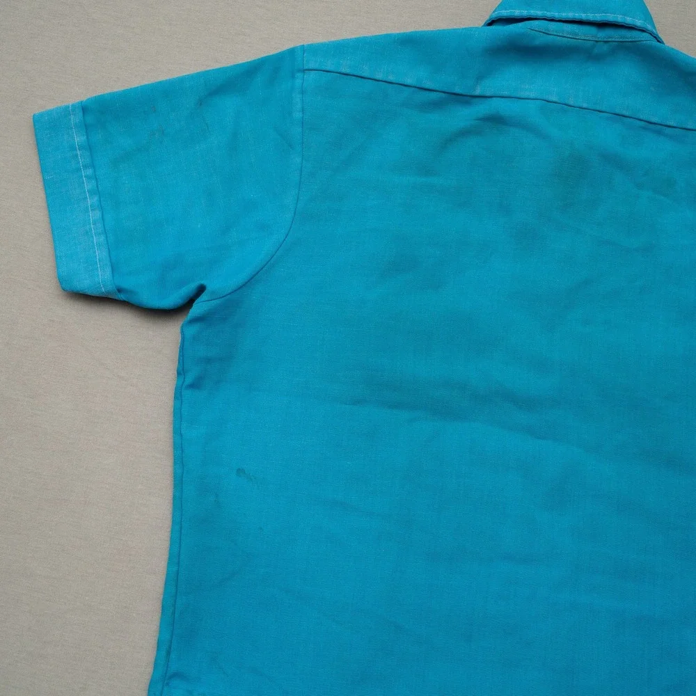Vintage 70s Mod Button Up Bowling Shirt Dune Buggy Daggar Collar Blue Adult M